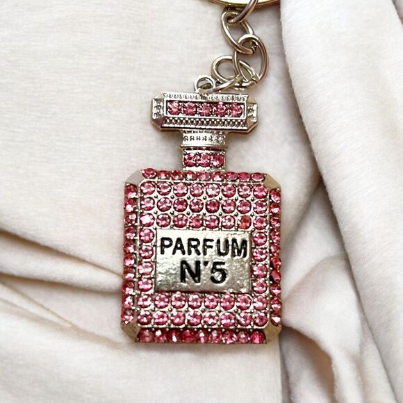 Pink Crystal Parfum No. 5 Perfume Bottle Silver Keychain - Picture 2 of 2